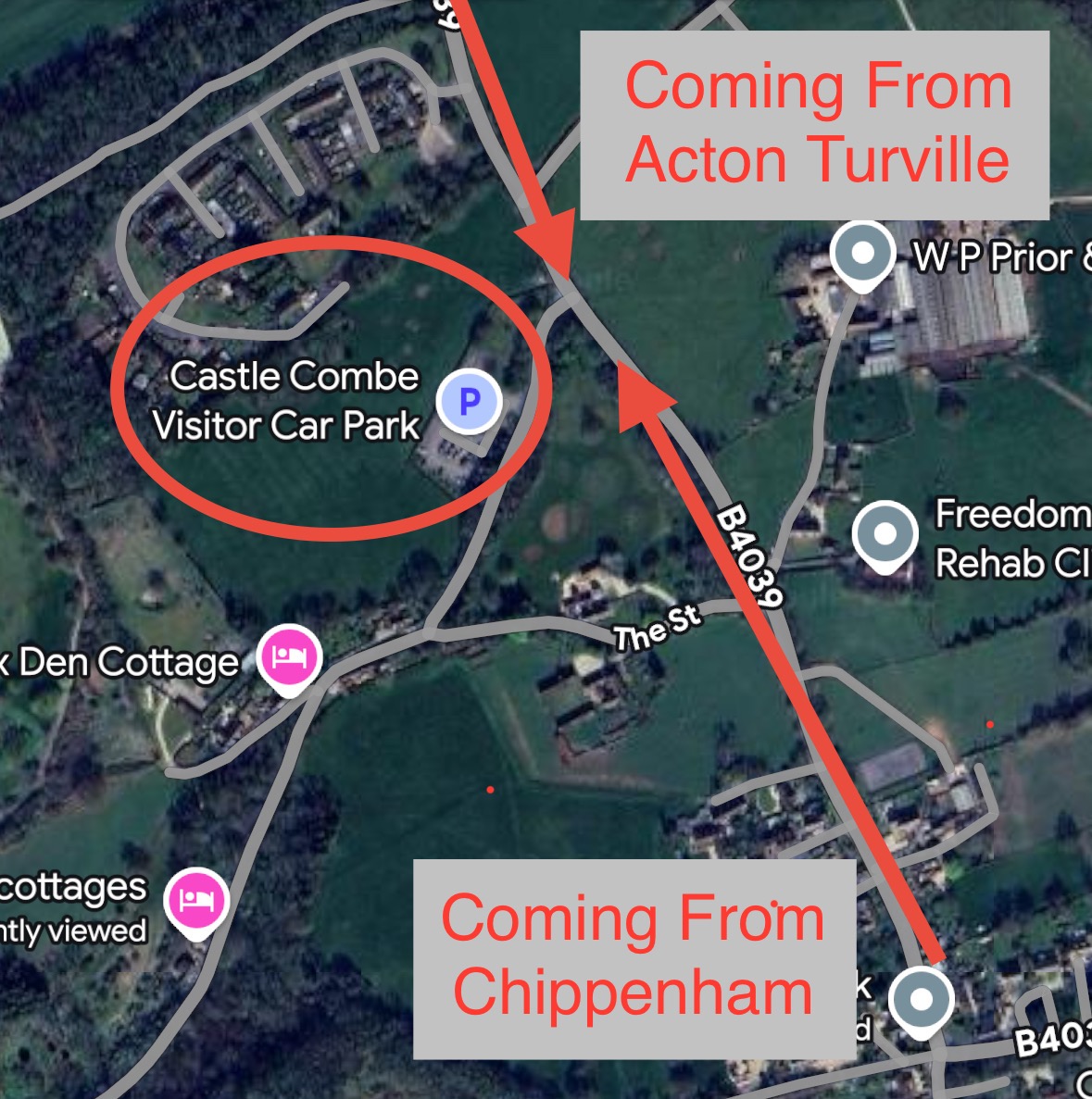 Aerial map showing car park location and routes from Acton Turville and Chippenham