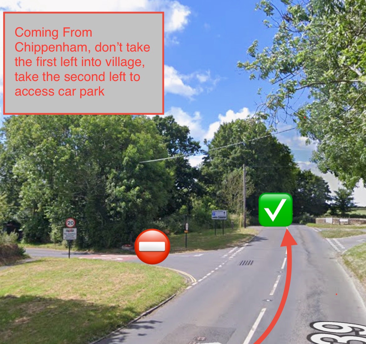 Road view showing which turn to take - take second left for car park
