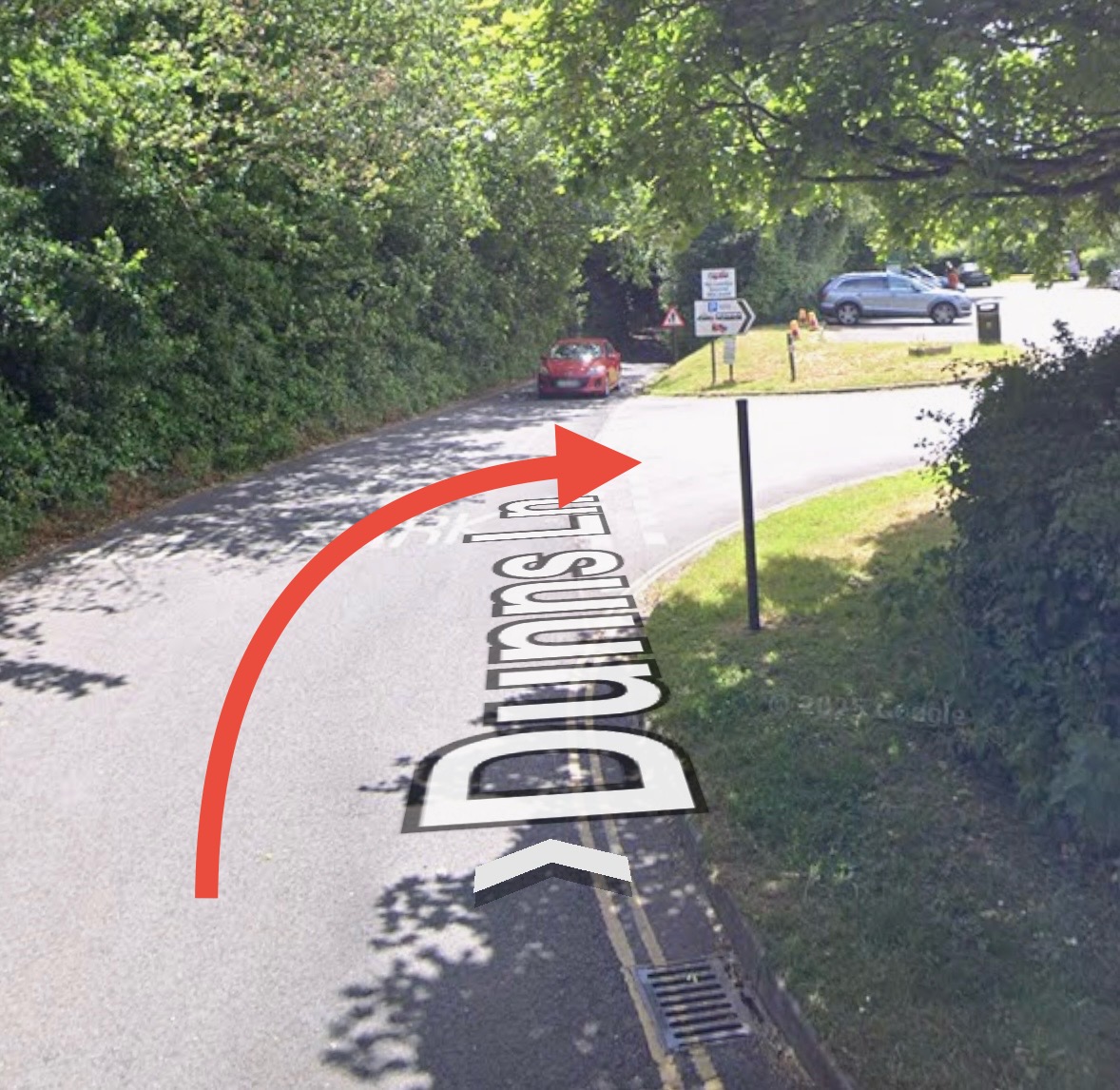 Final turn onto Dunns Lane leading to car park