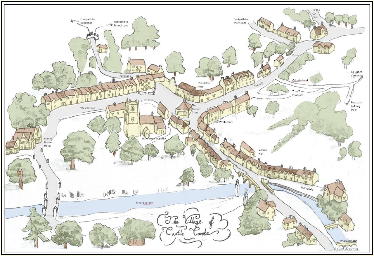 Illustrated map of Castle Combe village showing key landmarks